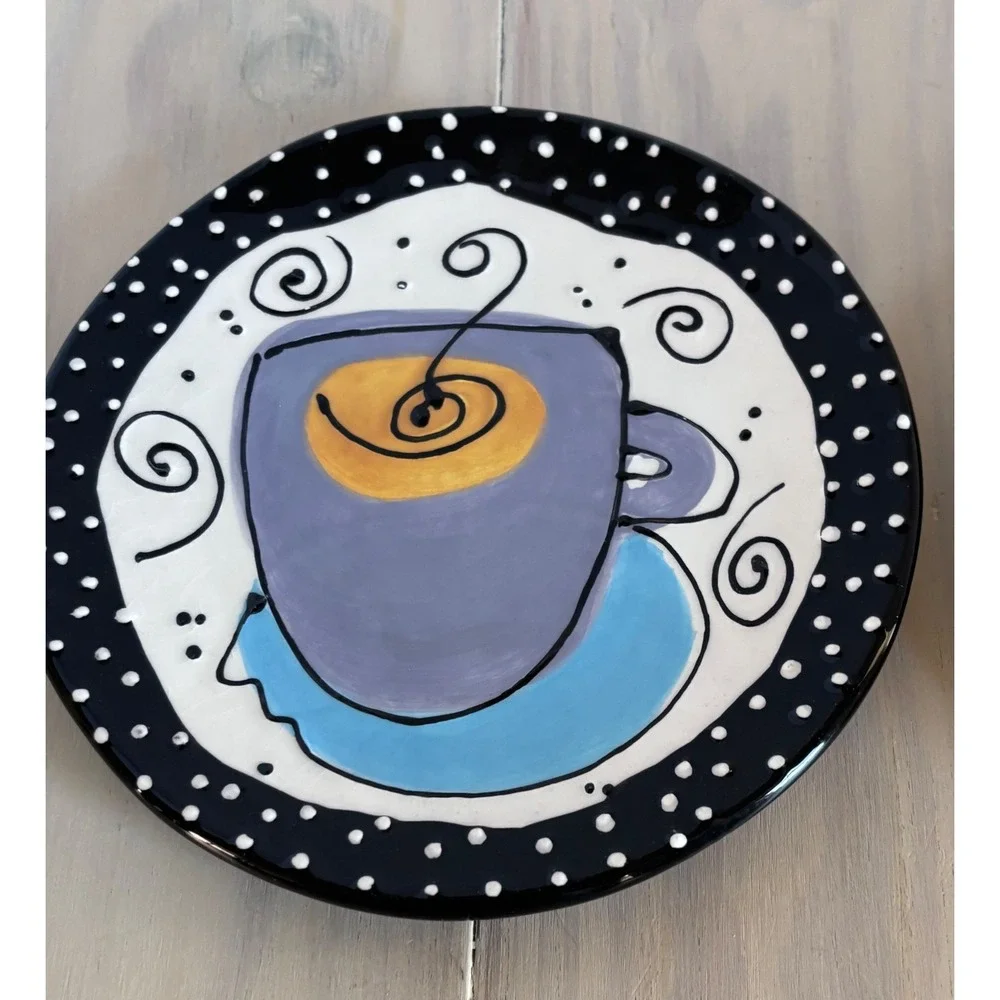 Joanne deLomba for Lotus Whimsical Coffee Cup Salad Plates Set of 2 Black 8 Inch